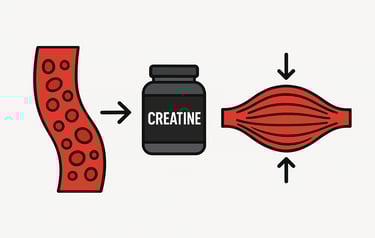 Gráfico estilizado mostrando fluxo sanguíneo e absorção muscular, representando timing da creatina.