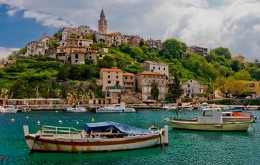 boats in the water near a small town