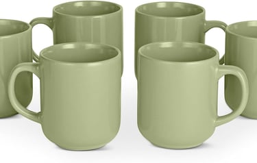 Set of six olive green ceramic coffee mugs with large handles on a white background.