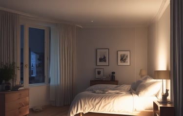 A cozy outdoor setting featuring solar-powered lamps illuminating the garden.