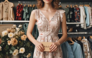Stylish outfits arranged on hangers against a clean white background
