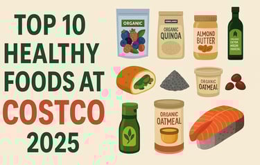 Illustration of the best healthy foods to buy at Costco in 2025, including berries, quinoa, salmon, 