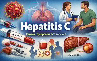 Illustration showing Hepatitis C causes, symptoms, diagnosis, and treatment