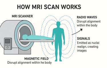 Illustration showing how an MRI scan works with labeled components and magnetic field effects.