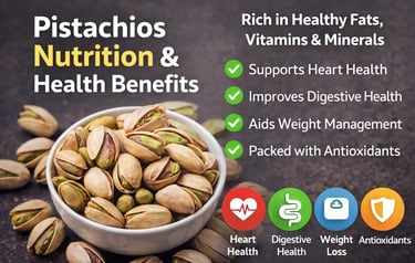 Pistachios showing health benefits and tasty dishes made with pistachios