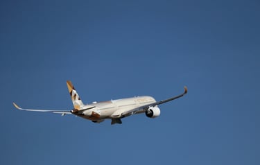 An Etihad Airways passenger aircraft cruising through a clear sky