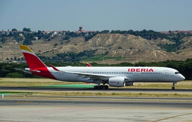 An Iberia passenger aircraft waits on the airport tarmac for take-off