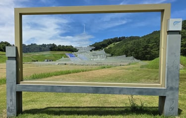 Site view will glass etched overlay of temple