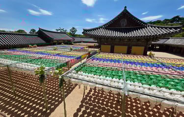 Partial view of bulguksa with many colourful lanterns
