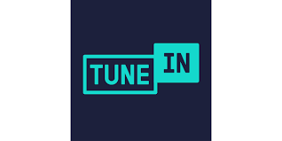 TuneIn radio and podcast logo with teal text on a dark blue background.