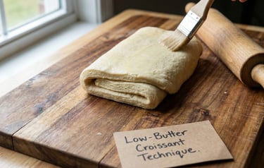 Croissant dough with a thin layer of butter showing low-butter technique for reducing croissant calo