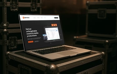 Ordenador portátil mostrando la propuesta de web de Rentman en un ambiente de backstage
