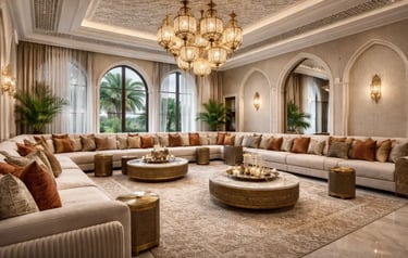 Luxury Arabic majlis with a large modular sofa, golden chandeliers, and ornate Moroccan style decor.