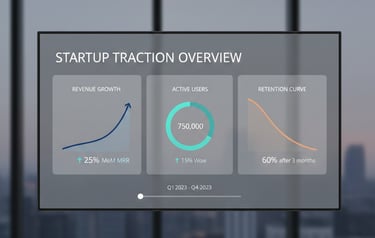 Minimalist dashboard showing startup traction metrics like growth, retention, and user activity.