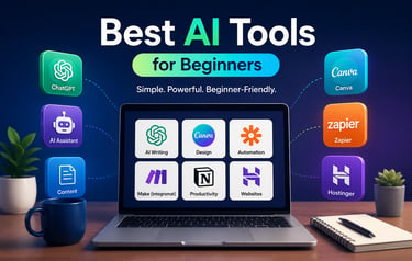 A laptop displaying the best AI tools for beginners including ChatGPT, Canva, Zapier, and Notion icons.