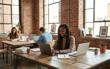 a woman sitting at a table with a laptop and a man in a suit