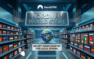 NordVPN Store: shelves with global flags, a central Earth globe, and a hand pointing at a specific country license.