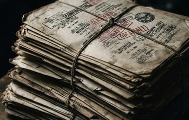 Close-up of a stack of old, stamped, confidential documents, dramatic high-contrast lighting, dark, moody shadows, analog film grain, 35mm lens, subtle Dutch angle, gritty documentary photography.