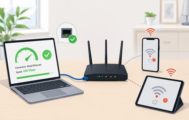 Router connected by Ethernet to a fast laptop while phone and tablet show slow Wi-Fi signal warnings.
