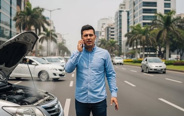 un hombre llamando a un servicio porque su auto esta averiado