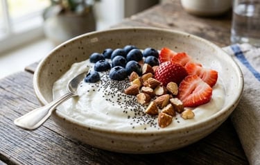 Greek yogurt with fresh berries, almonds, and chia seeds for a healthy high-protein breakfast.