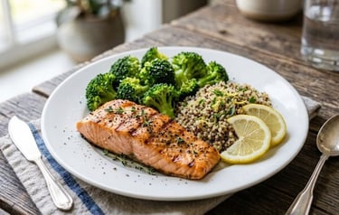 Grilled chicken breast with quinoa and roasted vegetables as a healthy high-protein meal.