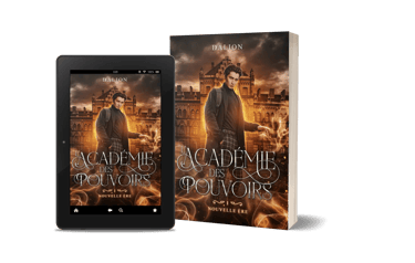 Mockup ebook et broche L'académie des pouvoirs tome 1 nouvelle ère - L. Dalion, auteure.