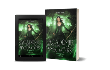 Mockup ebook et broche L'académie des pouvoirs tome 2 l'éveil - L. Dalion, auteure.