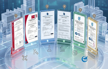 Display of  industrial manufacturing quality certificates and ISO compliance documents in a digital 