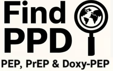 Find PPD PEP, PrEP & DoxyPEP with magnifying glass with globe in the middle