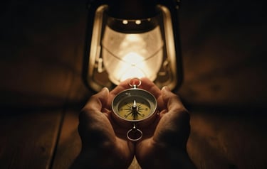 Hands holding lantern in darkness representing guidance through shadow work journey