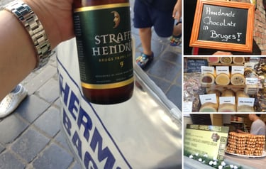 foto da autora segurando chocolates e cerveja em Bruges com visitas as lojas