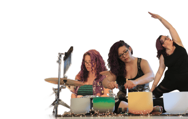 rachel playing the drums, doing a sound bath, and yoga