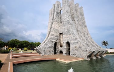 The Kwame Nkrumah Mausoleum and Memorial Park in Accra, Ghana, with marble architecture and water fountains.