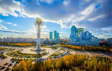 Panoramic view of the Bayterek Tower and modern architecture in Astana, Kazakhstan city center.