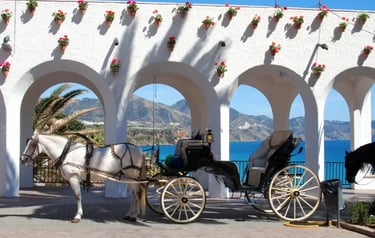 A horse-drawn carriage in Nerja, Spain, parked before white arches overlooking the Mediterranean Sea.