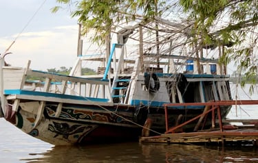 Hand-painted traditional wooden boat docked on a tropical river under leafy bamboo trees.