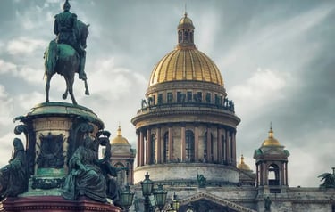 Saint Isaac's Cathedral golden dome behind the bronze equestrian Monument to Nicholas I in Saint Petersburg.