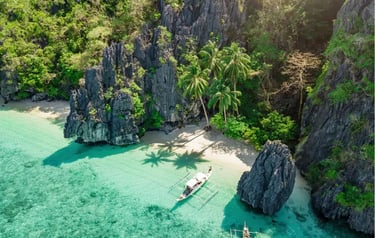 Aerial view of a tropical El Nido beach with limestone cliffs, palm trees, and traditional boats in clear water.