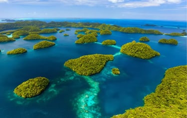 Aerial view of the Rock Islands in Palau featuring lush green limestone islands and turquoise coral reefs.