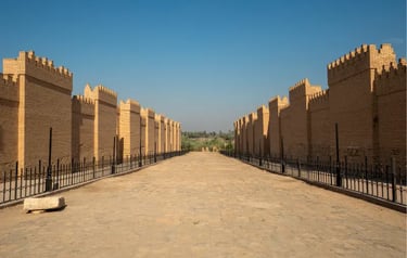 Reconstructed Processional Way of ancient Babylon featuring crenelated brick walls and stone pavement in Iraq.