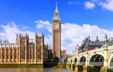 The Big Ben clock tower and Houses of Parliament by the River Thames in London.