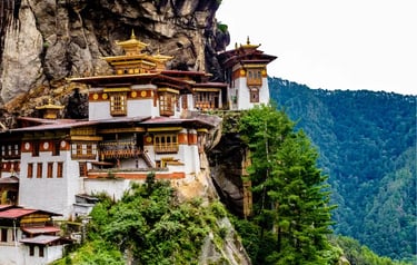 Tiger's Nest Monastery, Paro Taktsang, perched on a cliffside in the Himalayas of Bhutan.
