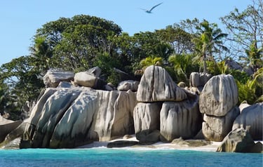 Granite rock formations on a tropical beach with turquoise ocean water and lush palm trees.
