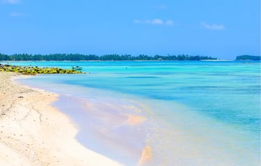 Pristine tropical beach with white sand and turquoise ocean water under a clear blue sky.