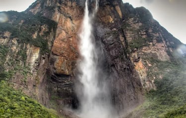 Majestic Angel Falls in Venezuela, the world's tallest uninterrupted waterfall, flowing down Auyán-tepui mountain.