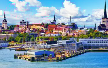 Panoramic view of Tallinn Old Town skyline from the cruise ship terminal port in Estonia.