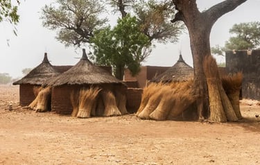 Traditional African village scene featuring mud huts with thatched roofs and bundles of dried grass for building.