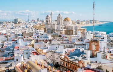 Panoramic aerial view of Cadiz Cathedral and white city buildings along the Spanish coastline.