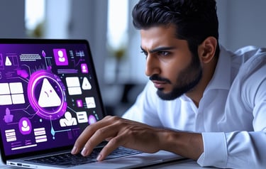 Online entrepreneur actively finding digital tools on laptop.